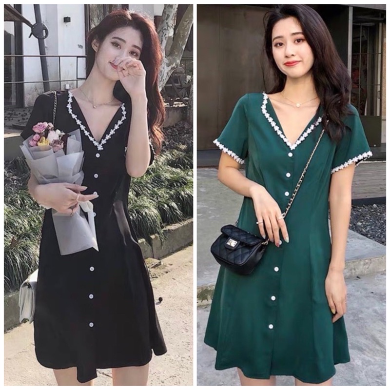 Đầm váy sơ mi viền ren hoa (kèm hình thật)