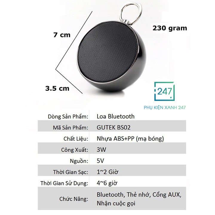 Loa Bluetooth Mini BS02,  Bass Hay, Thiết kế sang trọng, Nhỏ gọn, Tiện lợi, Hỗ trợ Thẻ Nhớ