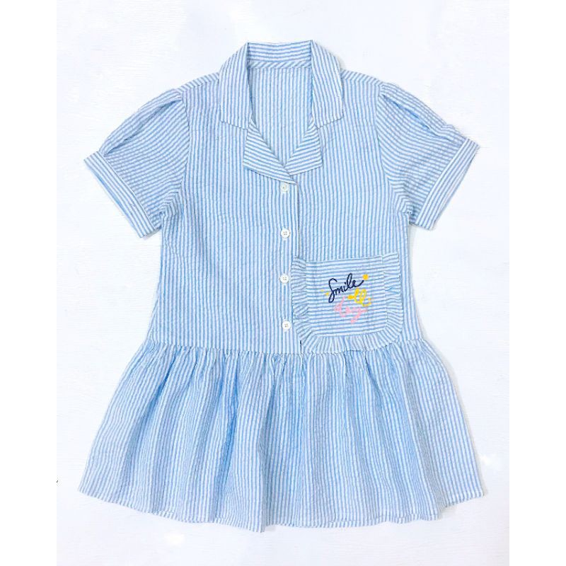 Đầm Jelispoon cotton xốp xuất Hàn, sọc xanh đính túi cho bé gái