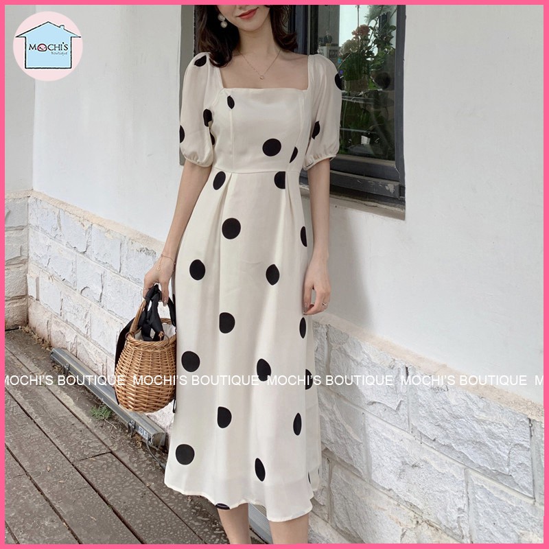 Đầm maxi cổ vuông tay phồng, mẫu maxi dáng dài qua gối họa tiết chấm bi to mới lạ, kiểu dáng đơn giản hiện đại- M064