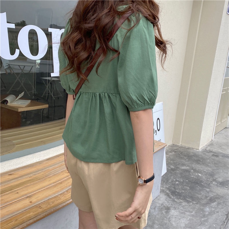 Áo thun cổ vuông phối bèo phong cách phương tây ngọt ngào thời trang mùa hè dành cho nữ