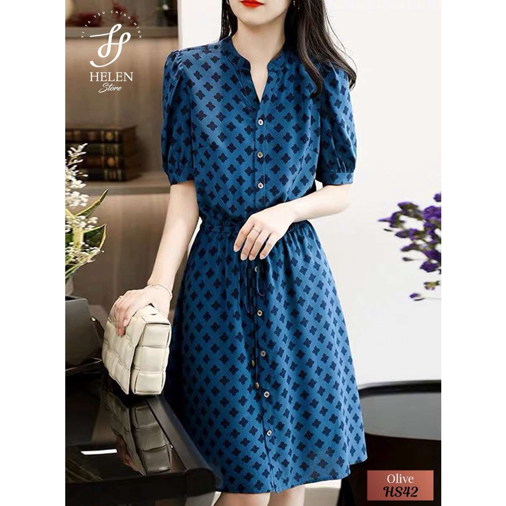 Đầm dáng suông họa tiết màu xanh trẻ trung - Trung niên - Olive Dress - Helen Boutique