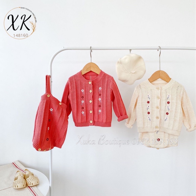 Áo Khoác Len Cardigan / Yếm Len Hồng Thêu Hoa Giữ Ấm Cho Bé Gái ,Body Trắng Cổ Tròn