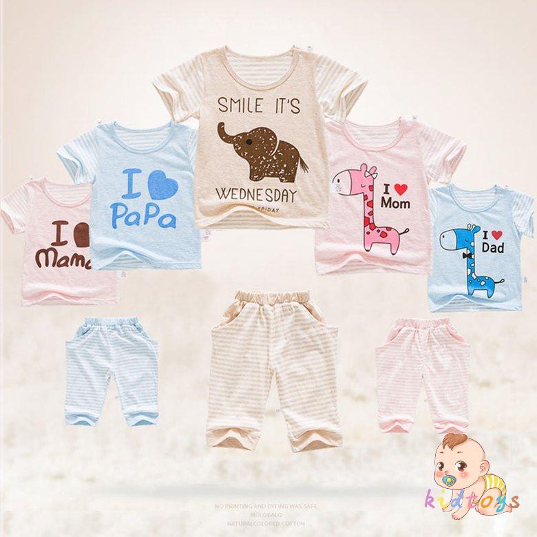 Bộ 2 Cái Gồm Áo Thun Cotton Ngắn Tay + Quần Dài Họa Tiết Dễ Thương Cho Bé