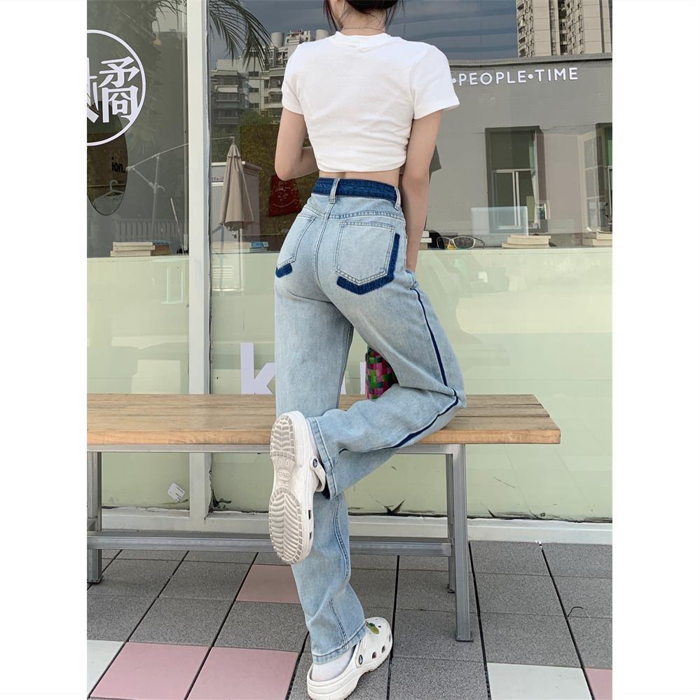 Quần Jean Dài Lưng Cao Dáng Rộng Màu Sắc Tương Phản Thời Trang Mùa Hè 2022 Cho Nữ
