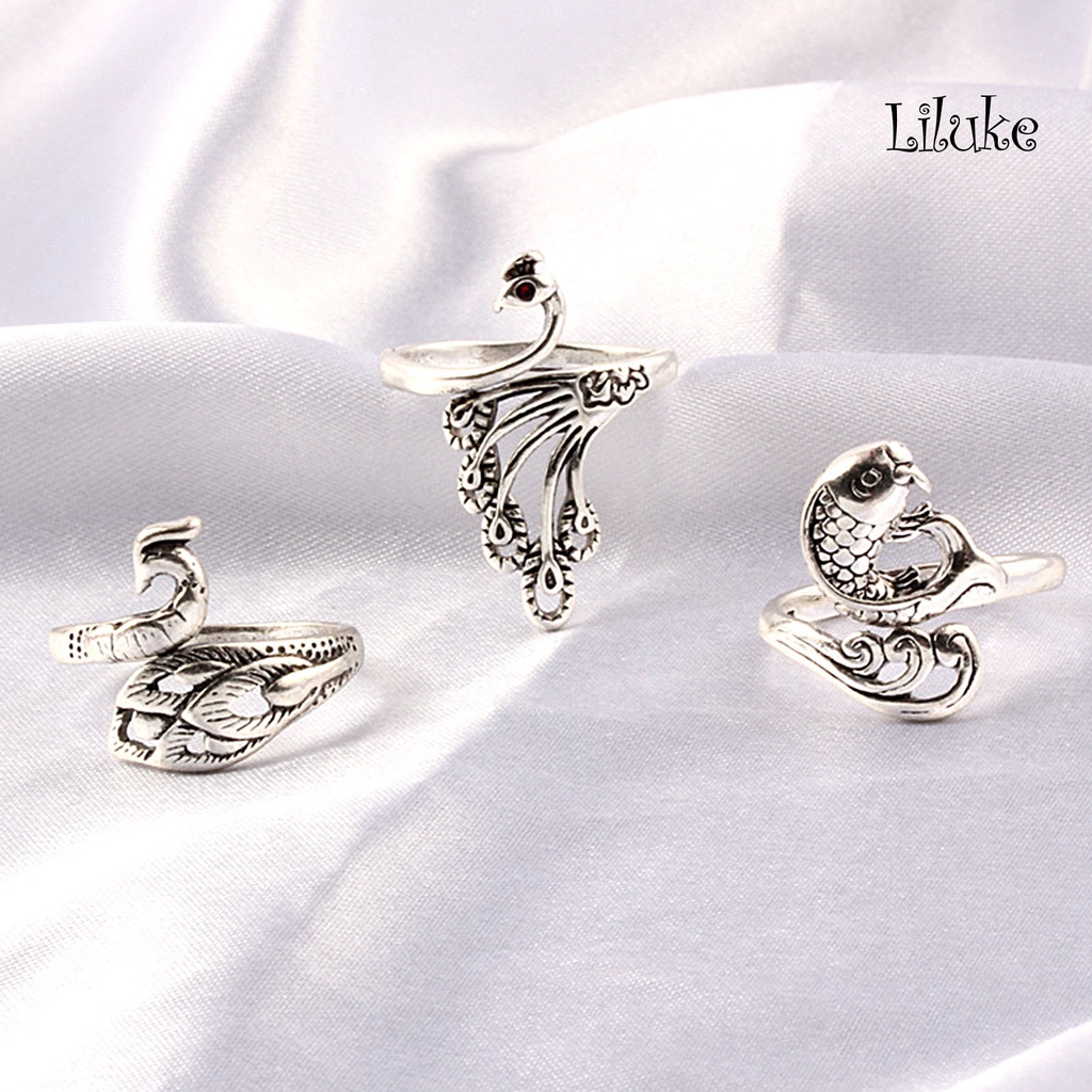 Nhẫn Hợp Kim Màu Bạc Trang Trí Hình Chim Công Có Thể Điều Chỉnh Kích Cỡ