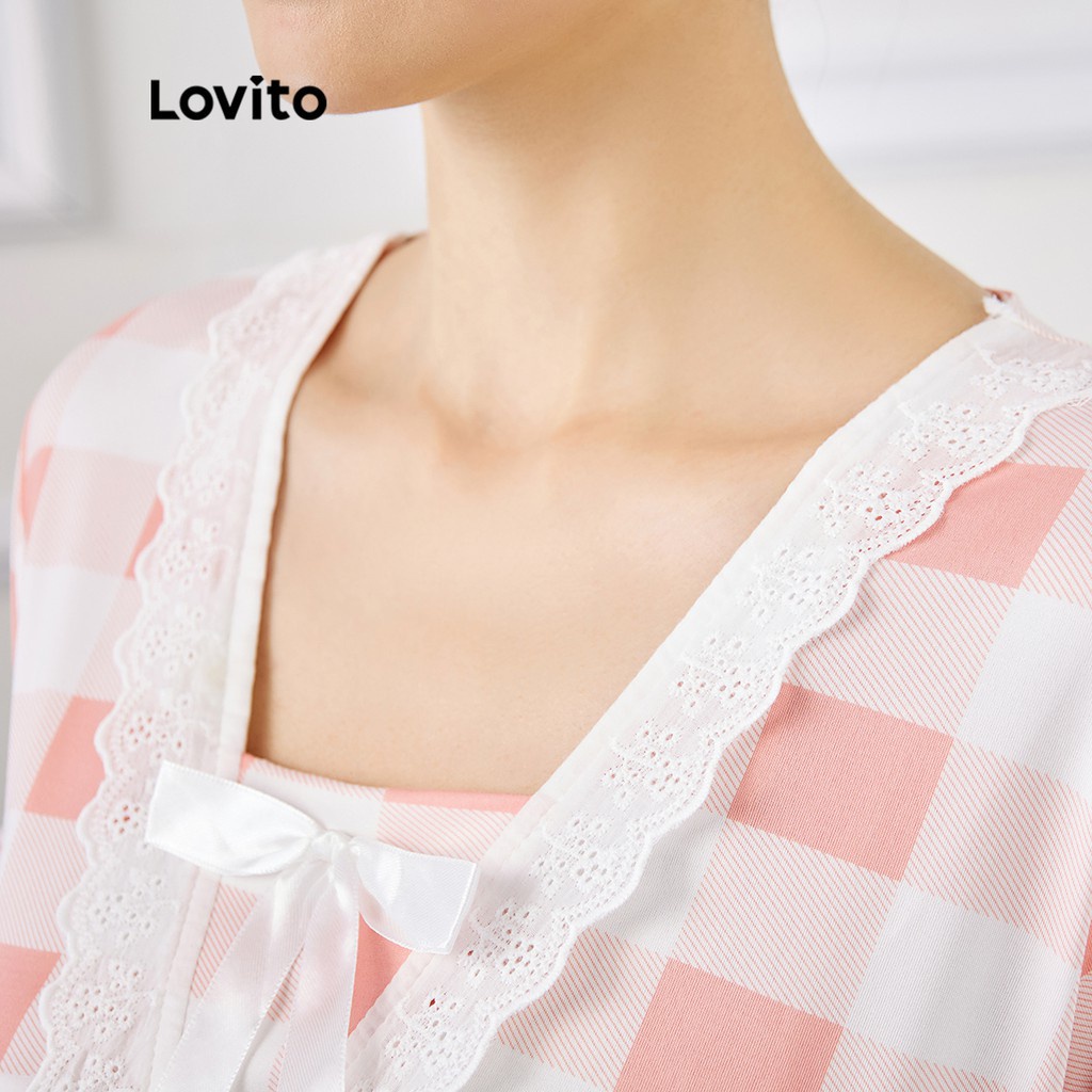 Đồ ngủ Lovito phối ren tương phản họa tiết caro phong cách thường ngày L15X104 (Màu hồng)
