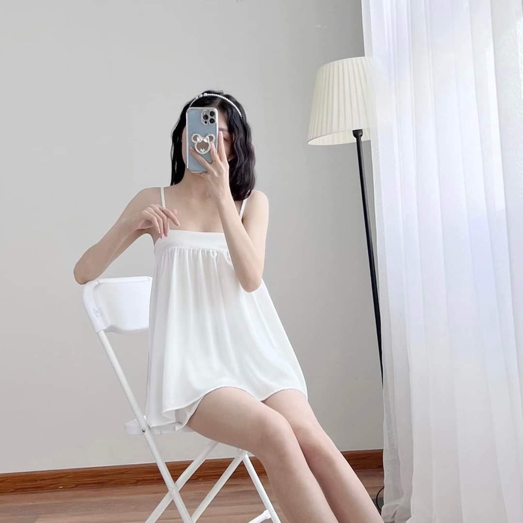 Đồ Ngủ Lụa Latin Hai Dây Dáng Dài, Bộ Ngủ Nhún ngực Bảng To, Quần Đùi Sexy Cao Cấp