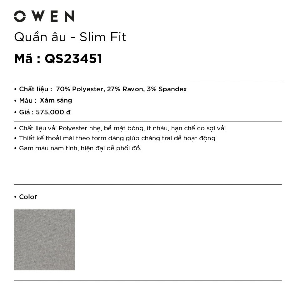 Quần Âu Nam Quần Tây Công Sở Cao Cấp Owen QS23451 Dáng Slim Fit Ống Côn Màu Xám Sáng Chất Vải Polyester Đứng Dáng