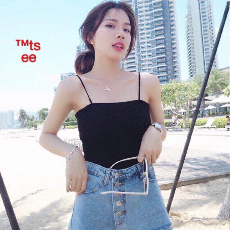 Áo 2 dây cotton sợi mảnh croptop màu đen trắng