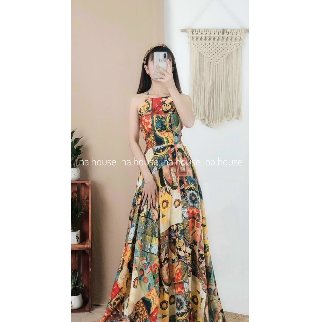 ĐẦM MAXI CỔ YẾM ĐAN LƯNG ĐI BIỂN ĐI CHƠI NAHOUSE VÁY DÂY DÁNG DÀI HỌA TIẾT HOA THỔ CẨM THIẾT KẾ ĐẸP VÀ SANG TRỌNG