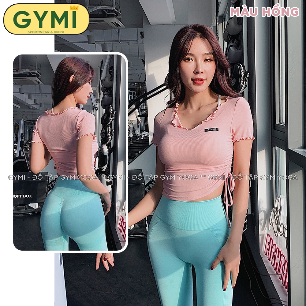 Áo tập gym yoga nữ ngắn tay GYMI AC19 dáng croptop thể thao Yimriz chất liệu thun gân co giãn ôm body rumba