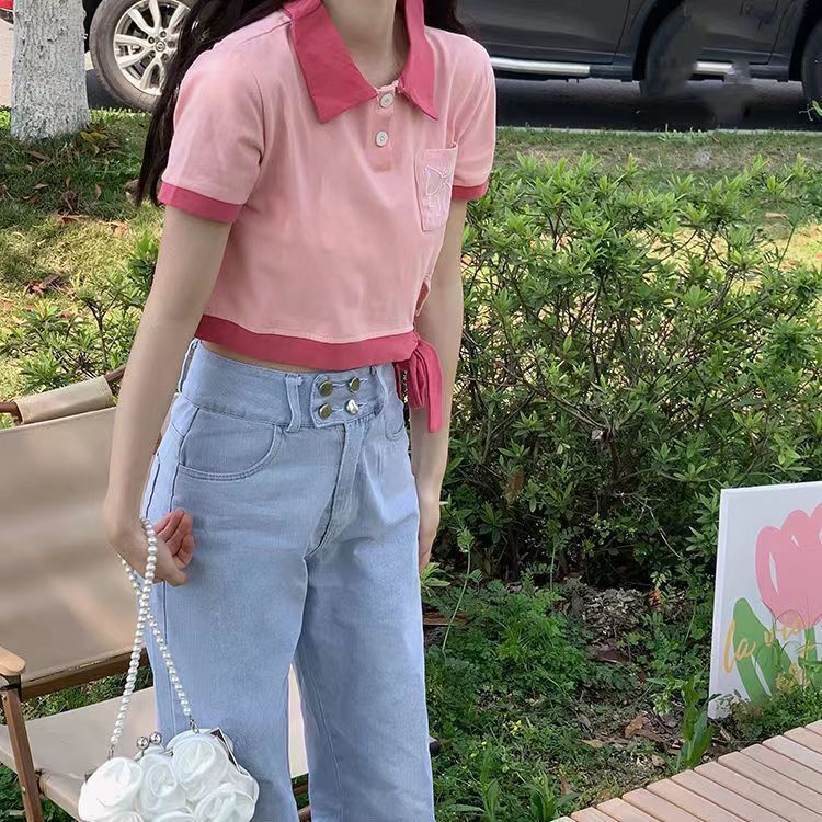 Áo polo Tay Ngắn Thêu Họa Tiết Khối Màu Sắc Mới Cho Nữ