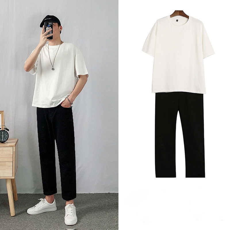 Quần baggy jean nam ống suông rộng+ áo phông tay lỡ unisex bán kèm deal sốc style hàn quốc