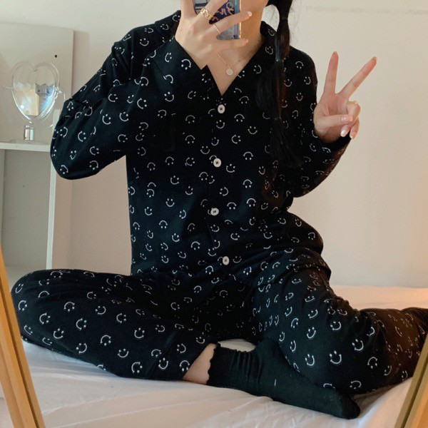 Bộ ngủ pijama dài tay họa tiết mặt cười vải cotton