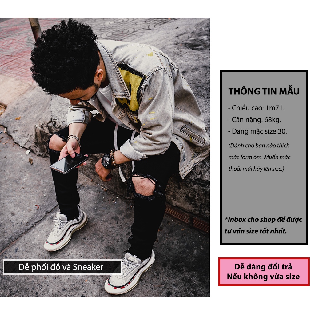 [Mã SKAMAP6 giảm 8% TỐI ĐA 50K đơn250K] Quần jean nam DATINO đen rách gối form Skinny co giãn ống khóa Zipper, bền màu | BigBuy360 - bigbuy360.vn