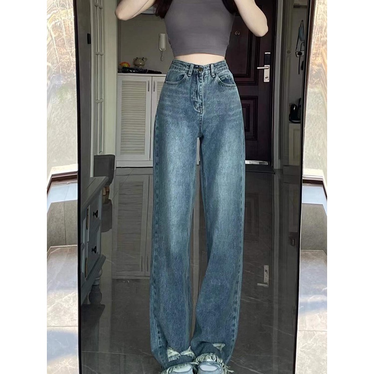 Porozi Quần jean  ống đứng suông thẳng lưng cao thời trang Hàn Quốc cho nữ