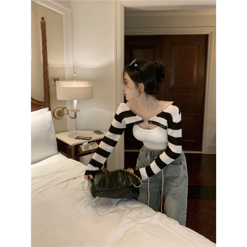 Áo khoác cardigan ZHELIHANGFEI dệt kim tay dài chống nắng họa tiết kẻ sọc thời trang quyến rũ