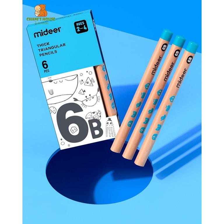 BỘ 6 CHIẾC BÚT CHÌ TAM GIÁC MIDEER 2B 4B 6B TẶNG KÈM GỌT CHÌ CHO BÉ BẮT ĐẦU HỌC CÁCH SỬ DỤNG