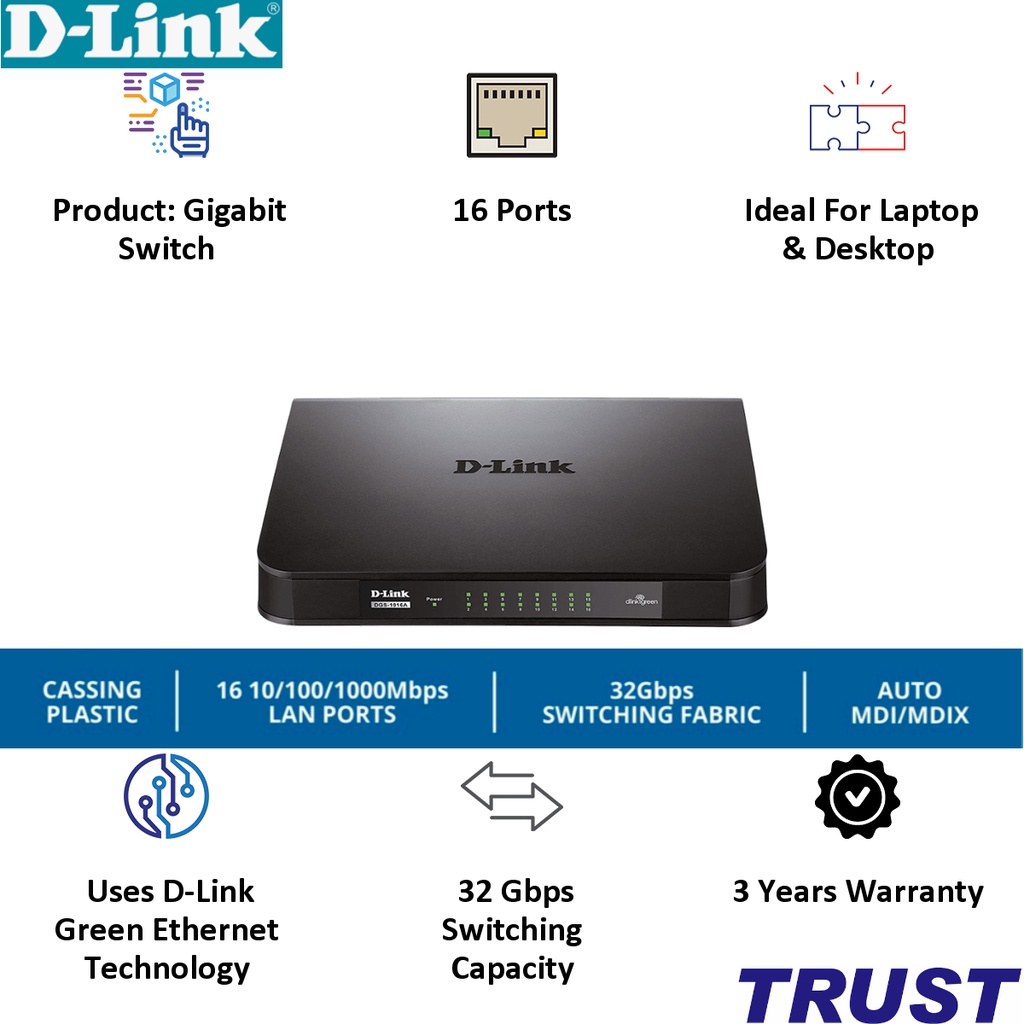 D-LINK DGS-1016A - Bộ chia cổng mạng 16 cổng Gigabit D-Link