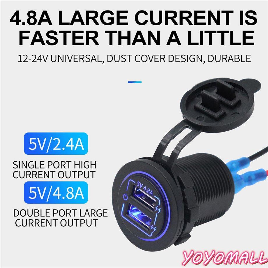 YOYO Dual Port Input USB Car Charger Socket 4.8A 5V Blue Light Touch Button Switch