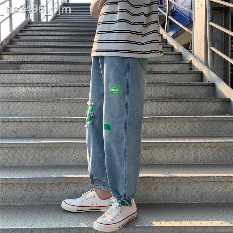 Quần jean rách nam phong cách mới mùa hè với ống rộng hợp thời trang thương hiệu cắt thẳng giản dị dây rút