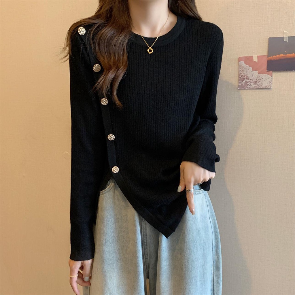 Áo nữ dệt kim ZHELIHANGFEI tay dài dáng rộng tà xẻ độc đáo dễ phối đồ