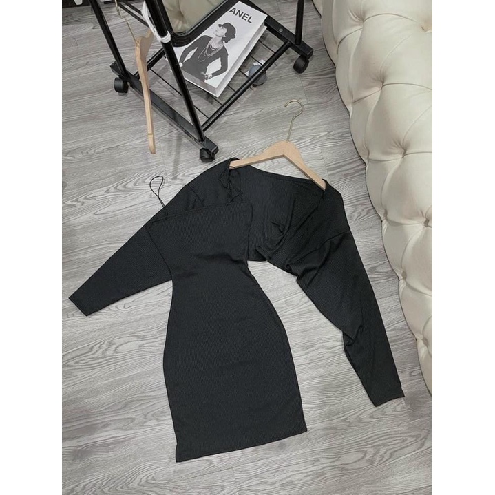 Set Đầm Body Hai Dây Sợi Bún Kèm Áo Khoác