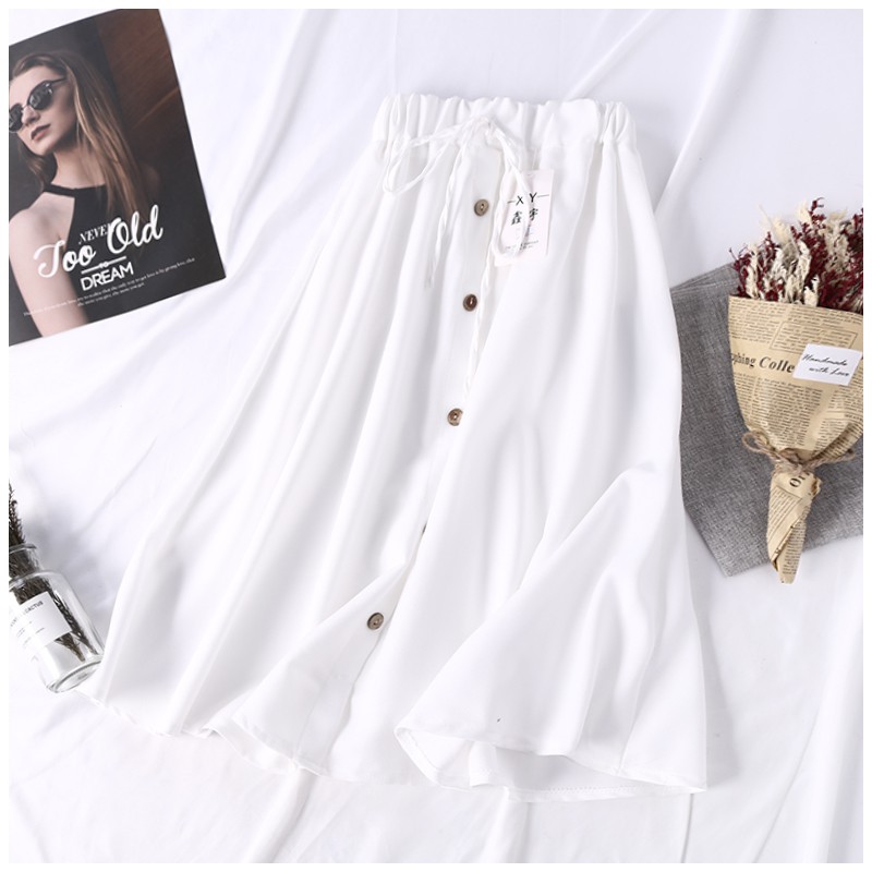 Chân váy đũi thoáng mát dài qua gối bánh bèo có nơ đính cúc - V5