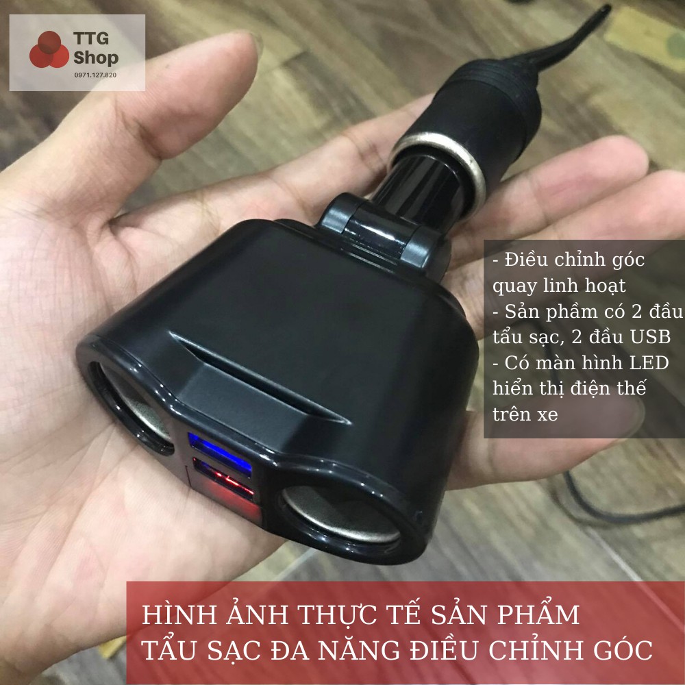 [3 in 1] Cốc chia sạc xe hơi | Tẩu chia sạc ô tô 4 cổng có bảng hiển thị điện áp