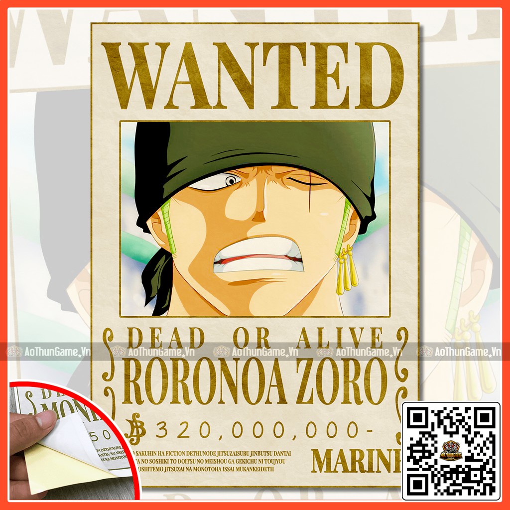 Poster One Piece Roronoa zoro / Poster  truy nã One Piece / Hình dán tường Full HD mới nhất (Shop AoThunGameVn)