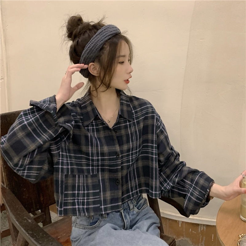 SUXI Áo Sơ Mi Tay Dài Dáng Ngắn Kẻ Sọc Ca Rô Kiểu Retro Hàn Quốc Cá Tính