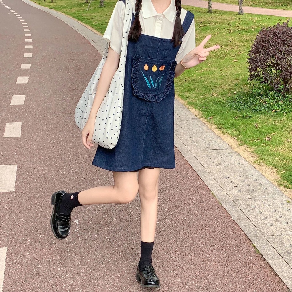 Váy yếm DENIM túi hoa tulip không tay chất jean mềm mại phong cách Hàn Quốc HITA22_STORE.