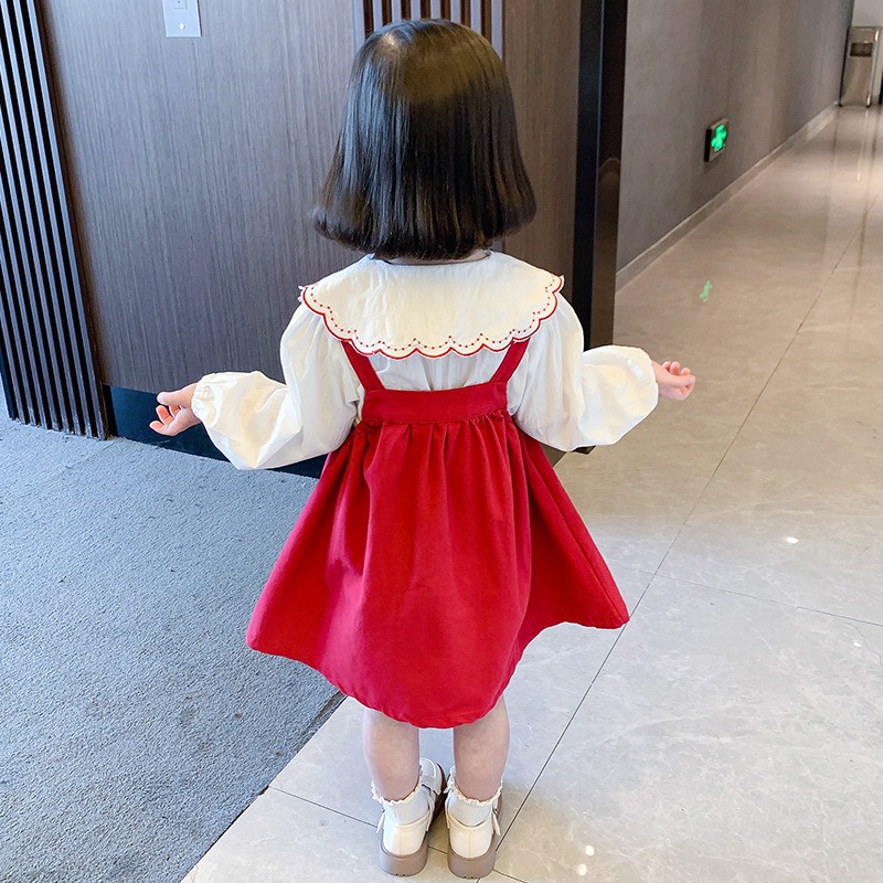 Set Áo Sơ Mi Tay Phồng Thêu Họa Tiết + Đầm Yếm Thời Trang Mùa Thu Xinh Xắn Cho Bé Gái