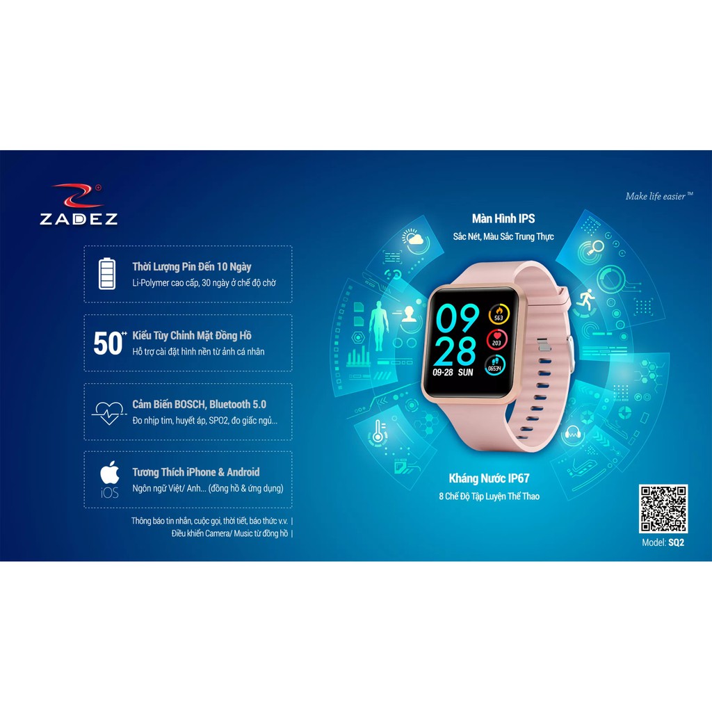 [Mã ELHAMS5 giảm 6% đơn 300K] Đồng hồ thông minh Zadez Smartwatch SQ2 kết nối nghe gọi đo sức khỏe bảo hành 15 tháng