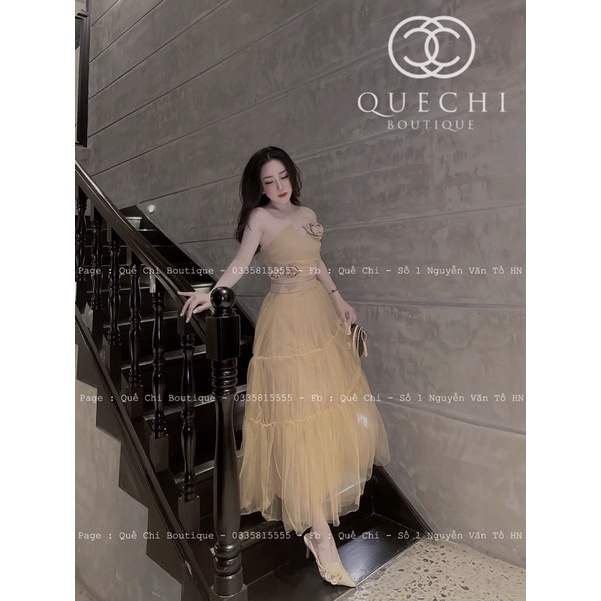 Set áo quây đính hoa nổi chân váy lưới dài quế chi