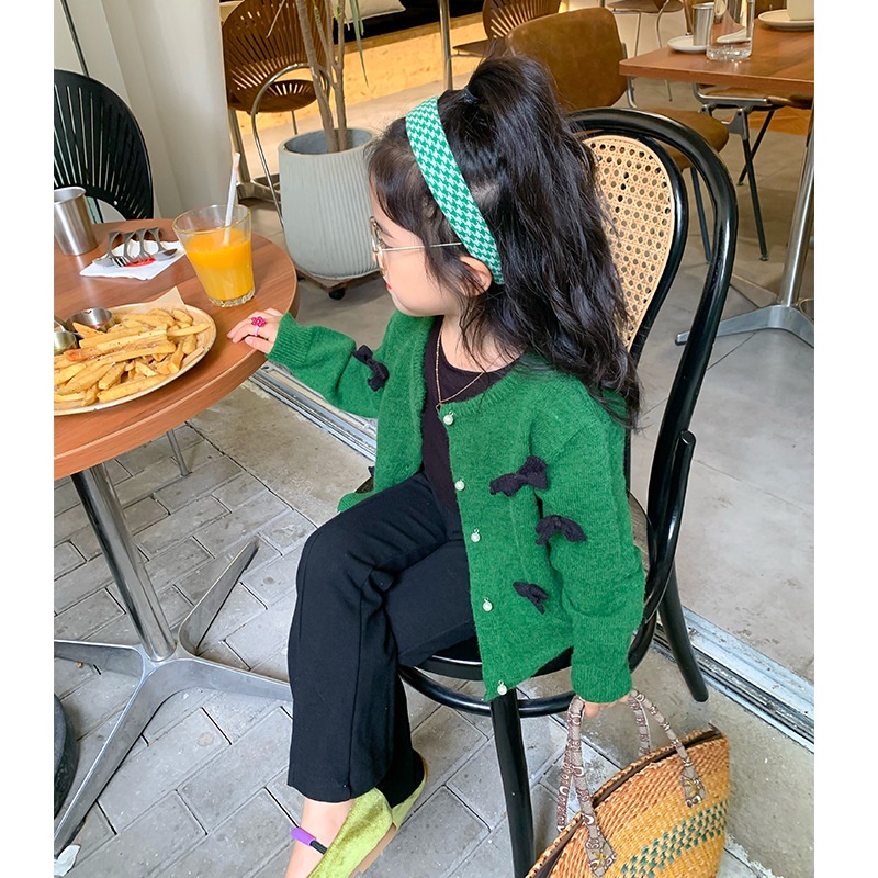 Áo Khoác Len Cardigan Màu Xanh Lá Phong Cách Hàn Quốc Cổ Điển Thời Trang Mùa Thu 2022 Mới Dành Cho Bé Gái