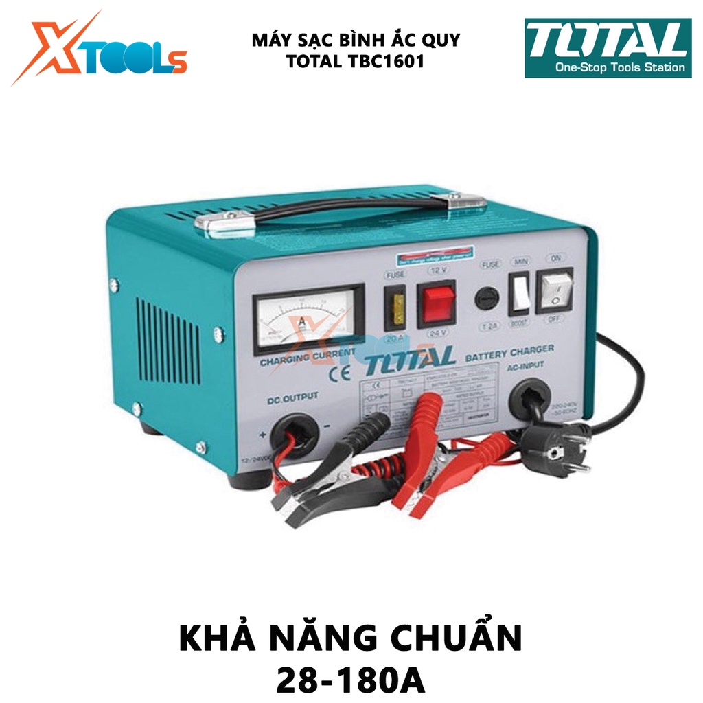 Máy sạc bình điện ắc qui TOTAL TBC1601 Thiết bị sạc bình Điện áp vào 12/24V Dòng điện định mức 9/4A hỗ trợ sạc bình
