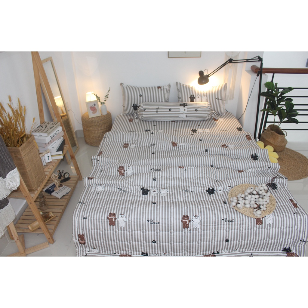 Bộ drap gối KHA LY - Gấu Sọc Nâu - vải  COTTON dày dặn, mát mẻ, siêu thấm mồ hôi