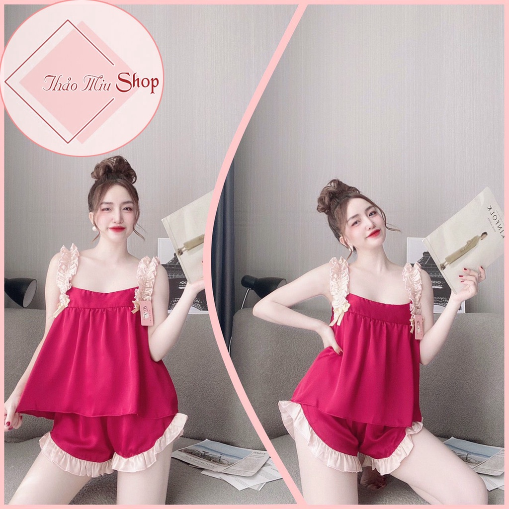 ✅Sét đồ ngủ 2 dây viền nhún bèo lụa satin quần đùi cao cấp dễ thương