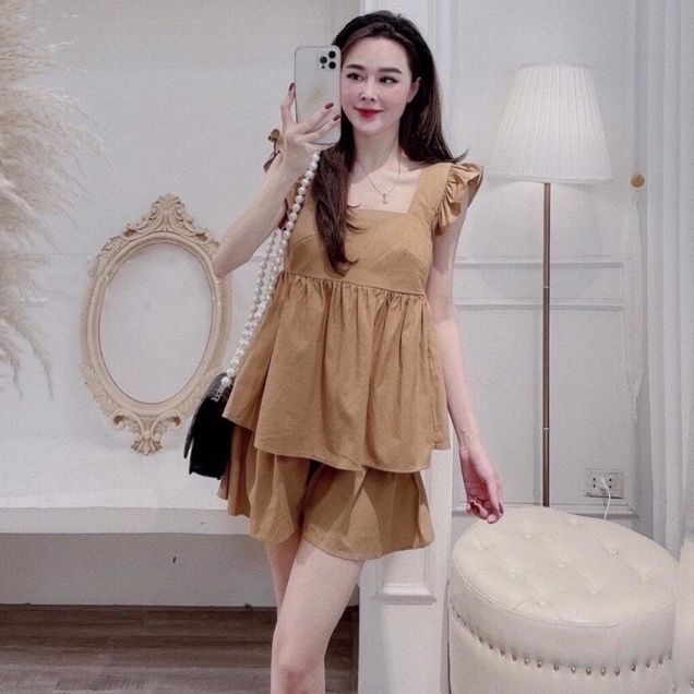 Set bộ đũi cánh tiên, bộ mặc nhà nữ áo dây cánh tiên cổ vuông chất đũi lụa siêu mát - Mia shore