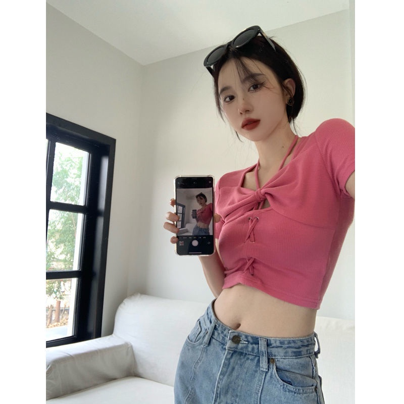 Jiashucheng Áo Thun Ngắn Tay Ôm Dáng Hở Lưng Màu Hồng Phong Cách Mới Mùa Hè Cho Nữ