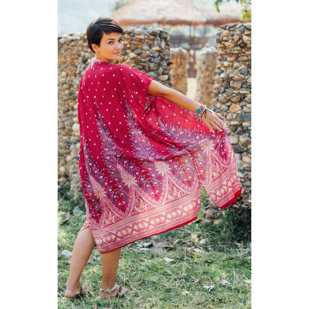 Hàng Thái - Áo Kimono Harem Pants họa tiết Coral Pink Peacock (màu hồng)- Freesize