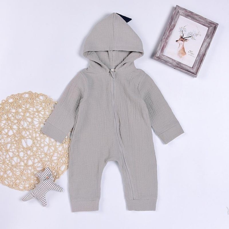 Jumpsuit tay dài có nón kiểu dáng khủng long xinh xắn cho các bé