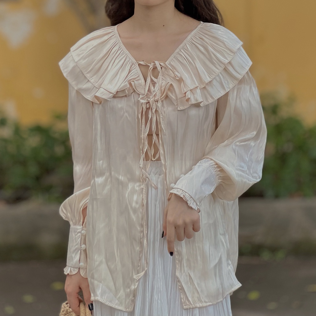 Áo sơ mi kiểu nữ tay dài chất liệu organza 2 màu nude và trắng