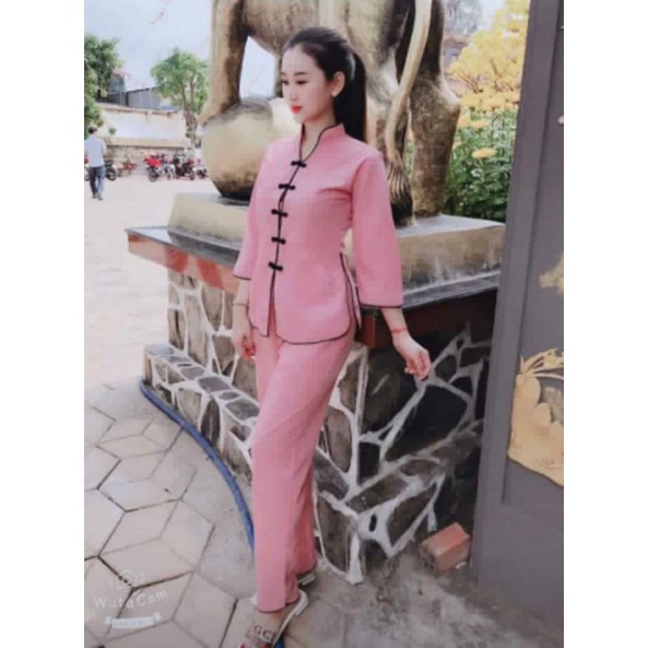 BỘ ĐI CHÙA CỔ TẦU THÊU SEN (mầu tím hồng)