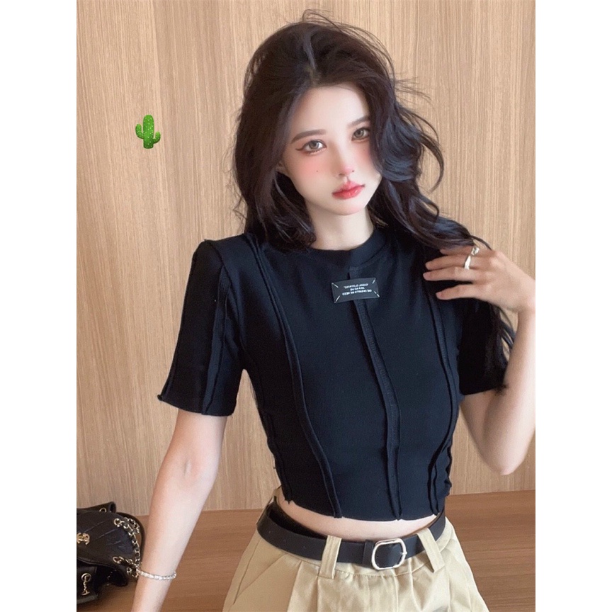 Áo Thun Gân Dày Croptop Cổ Tròn Ngắn Tay kèm Thêu Chữ Phối Viền Sọc TTPK0468