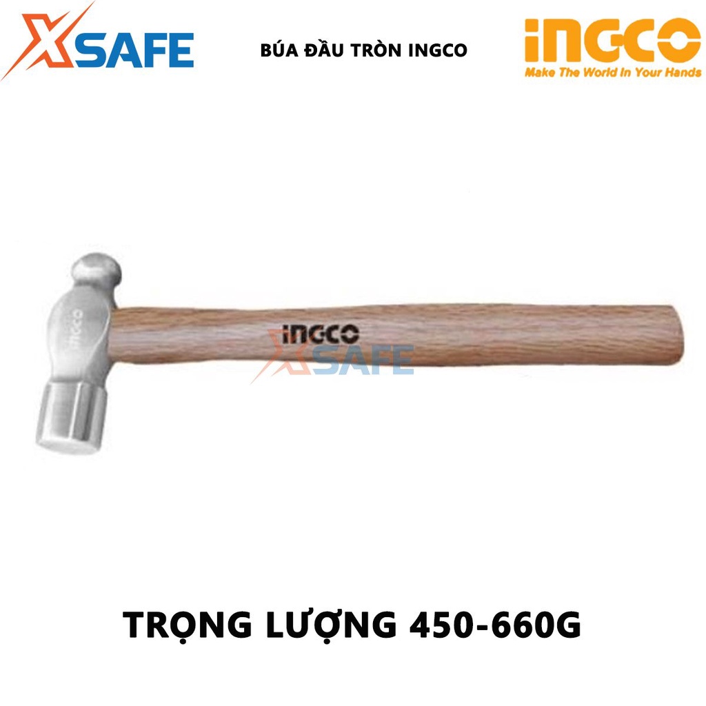 Búa đầu tròn INGCO Búa tay cầm gỗ trọng lượng 450g/660g, tay cầm gỗ cứng dùng đóng đinh, gò kim loại, đập phá công trình