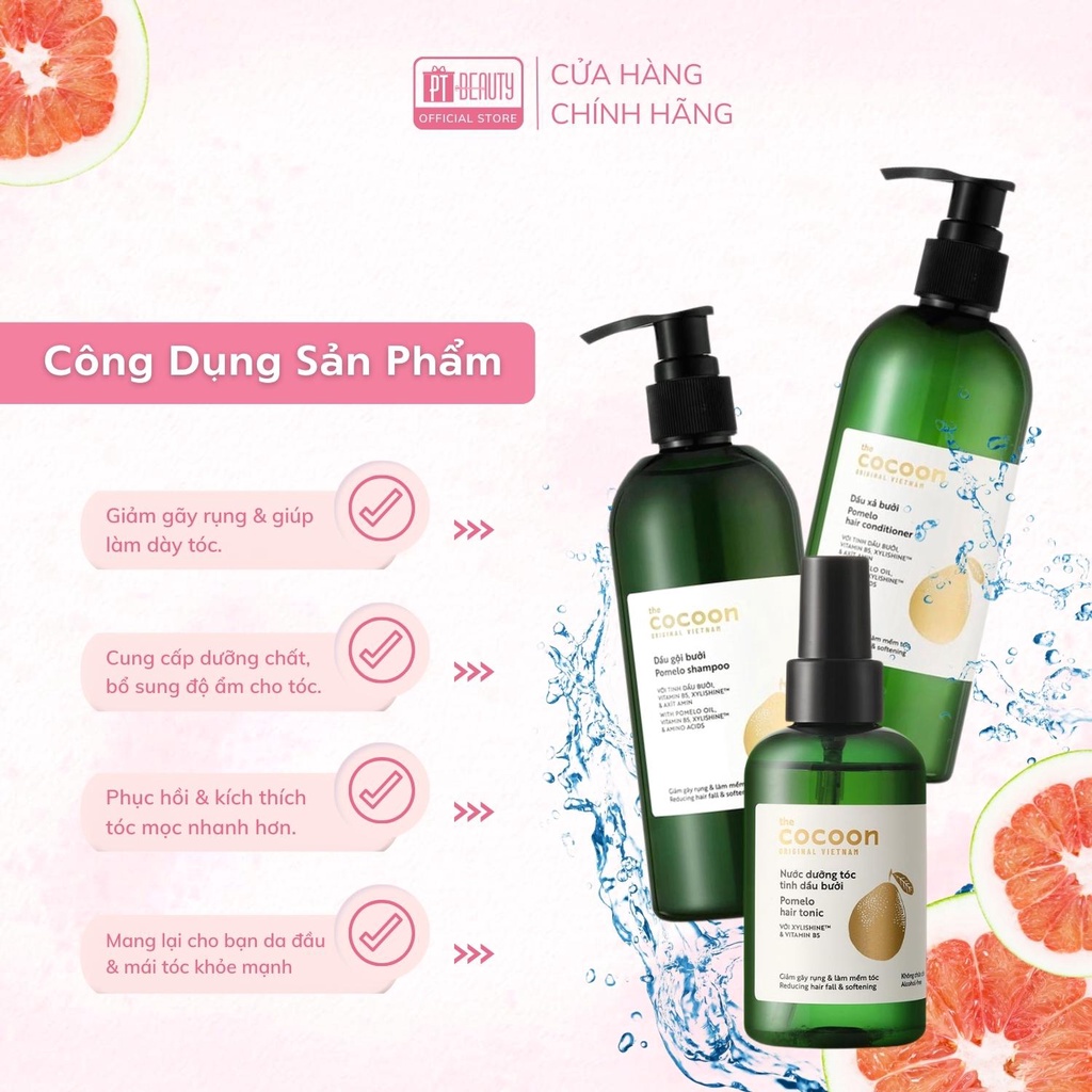 COMBO gội xả bưởi 3 bước không sulfate giảm gãy rụng tóc Cocoon