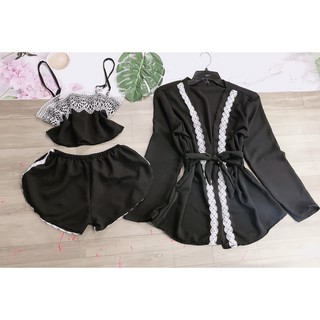 Combo ngủ áo 2 dây quần đùi kèm khoác voan lụa quyến rũ